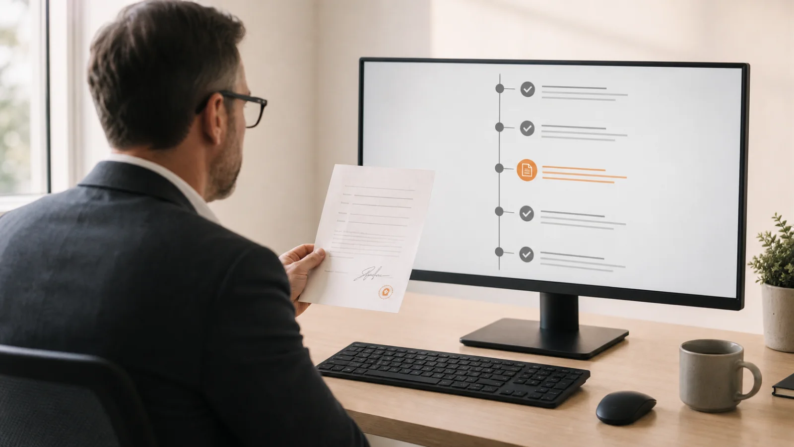 Enterprise auditor comparing a digital action timeline with a signed paper receipt