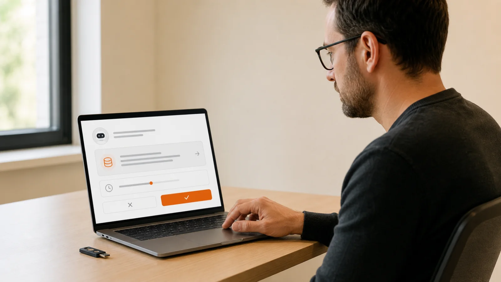 Security engineer reviewing a scoped AI agent access request on a laptop beside a hardware security key