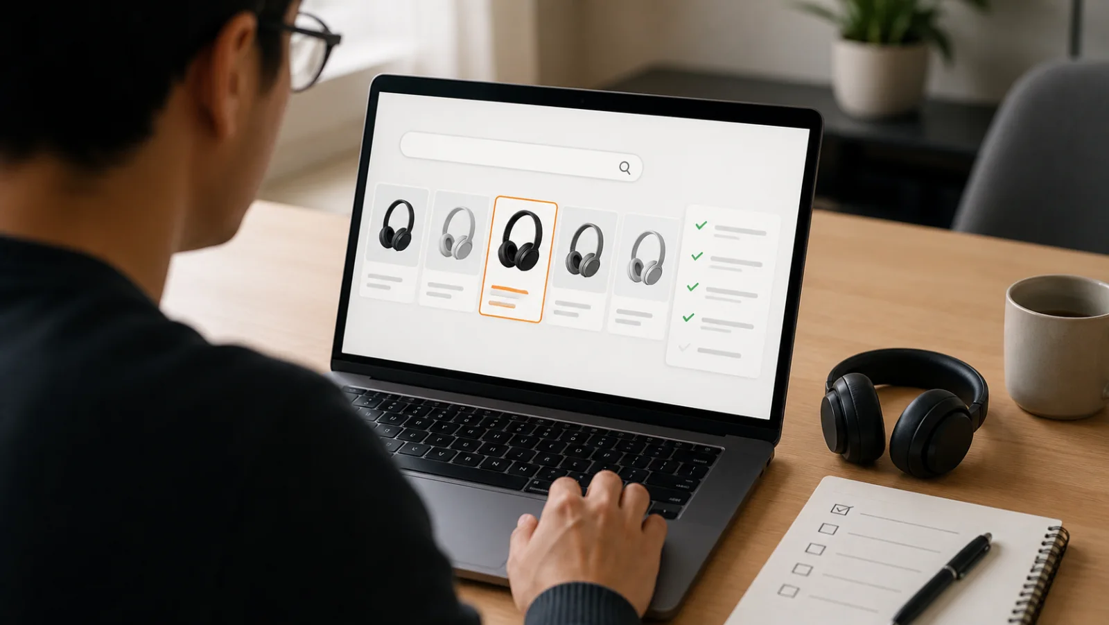 Search engineer evaluating ecommerce headphone results against a checklist and physical product